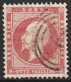 FRIMÆRKER NORGE | 1856 - AFA 5 - 8 sk. brunkarmin - Stemplet